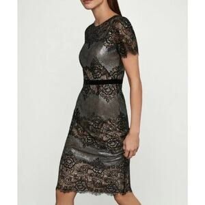 BCBGMAXAZRIA Lace Floral Metallic Cocktail Dress Sheath Midi, Black Silver